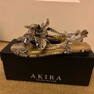 AKIRA Snake-Print Floral Slingback Sandals in Black and Beige
